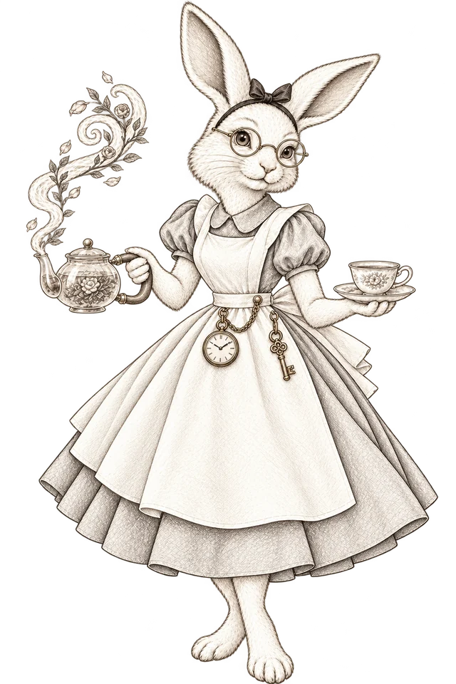 The Tea Alchemist Rabbit, a pencil illustration