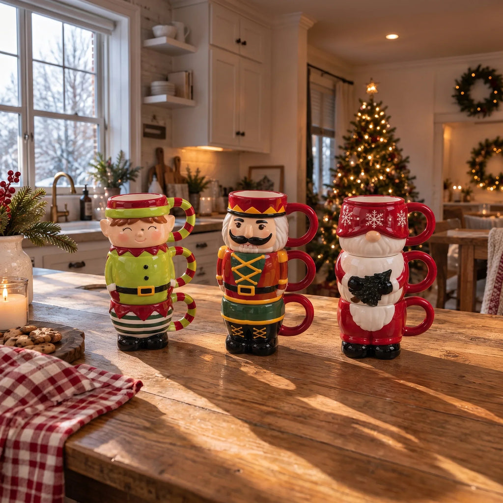 Winter Tale Stacking Mugs — Elf, Santa and Nutcracker stacking mug designs