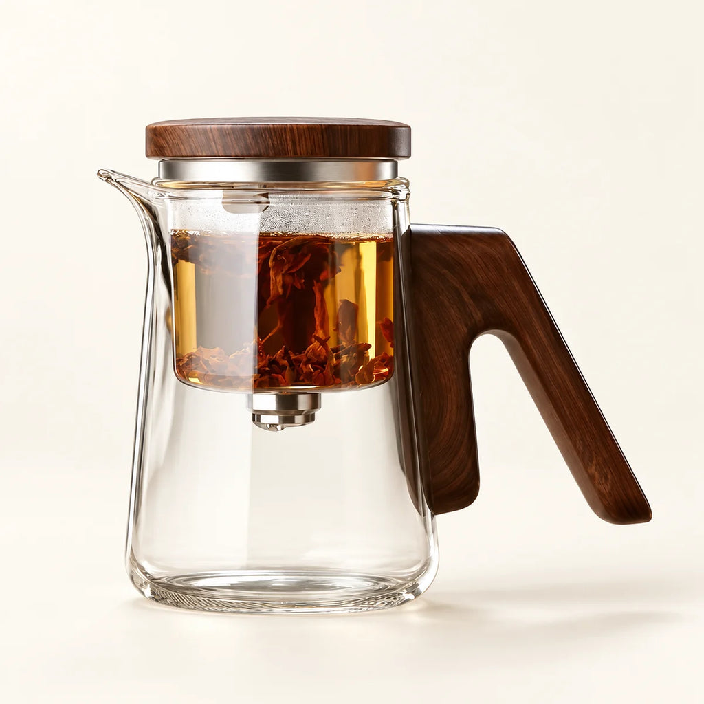 Glass Infuser Teapot with Wood Handle on a warm ivory studio background