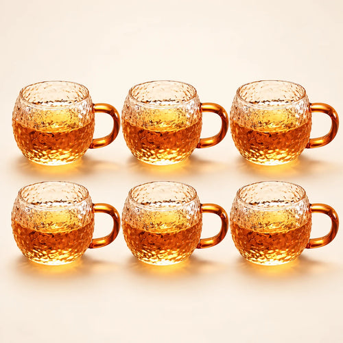 Amber Ripple Glass Tea Cups — Set of 6 on a warm ivory studio background