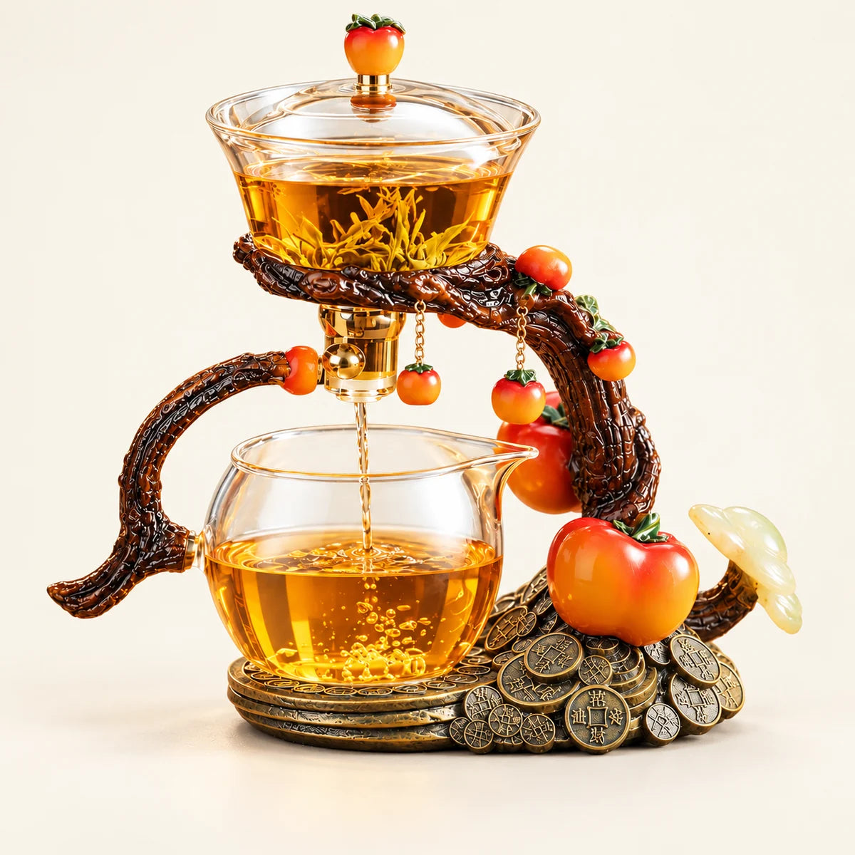 Autumn Glass Teapot on a warm ivory studio background