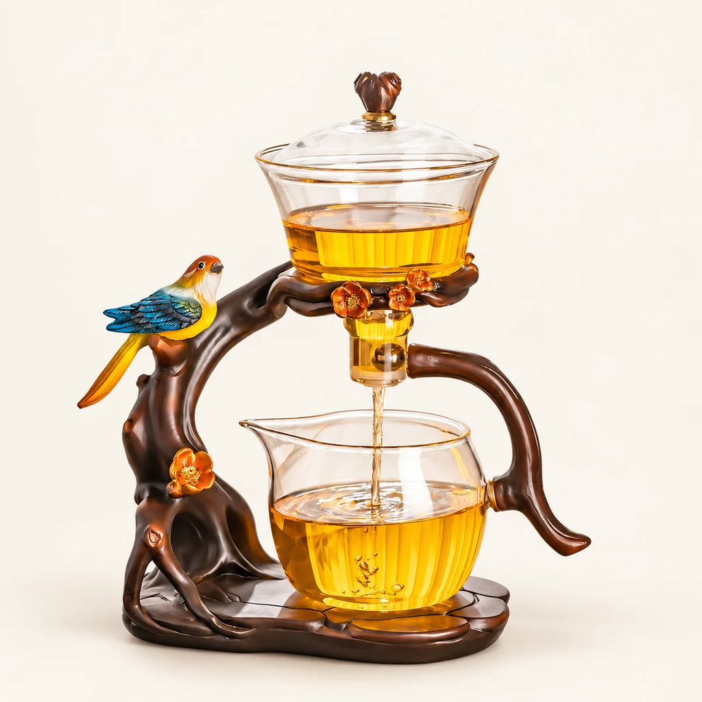 Bird Glass Gongfu Tea Set on a warm ivory studio background