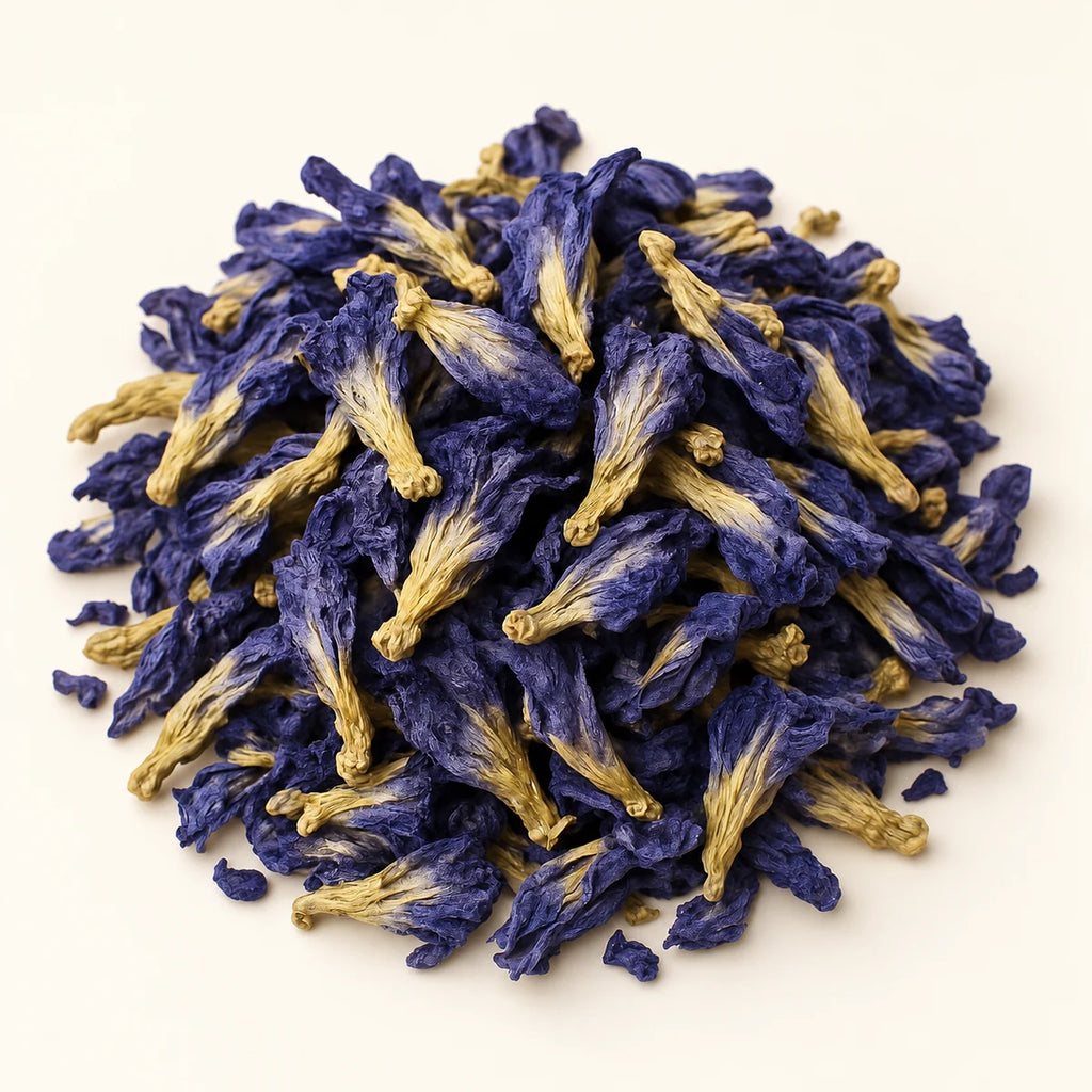 Butterfly Pea Tea — 20g on a warm ivory studio background
