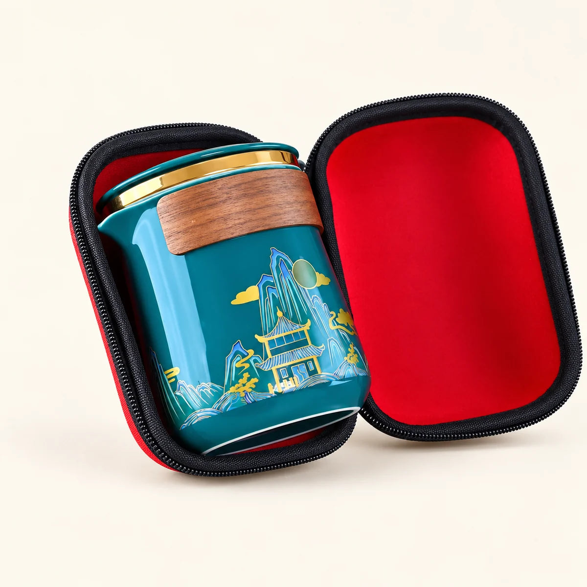 Ceramic Travel Tea Set — 1 Pot, 5 Cups on a warm ivory studio background