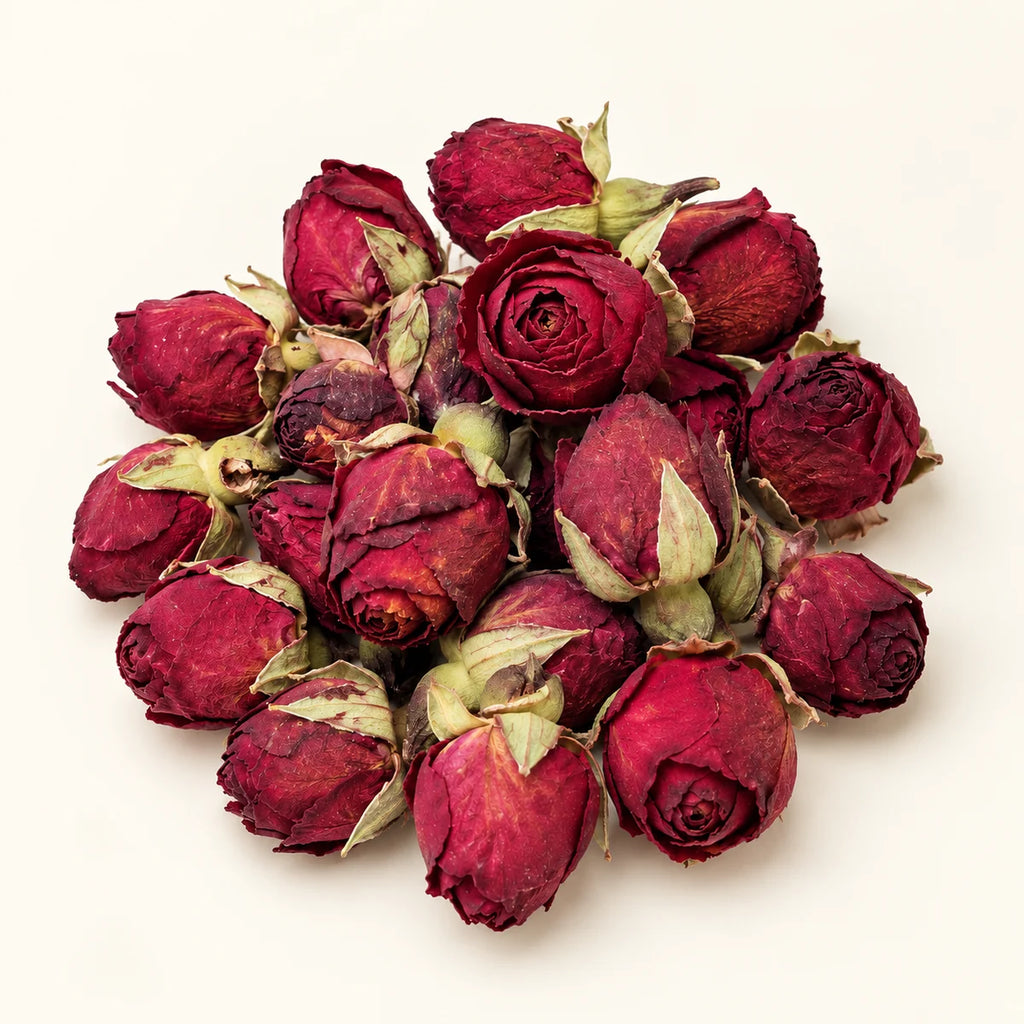 Double Red Rose Flowers — 50g on a warm ivory studio background