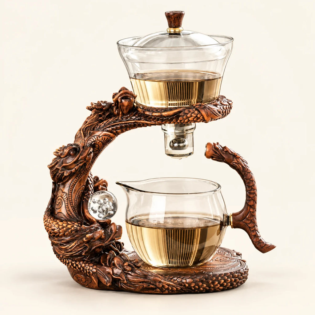 Dragon Glass Teapot on a warm ivory studio background