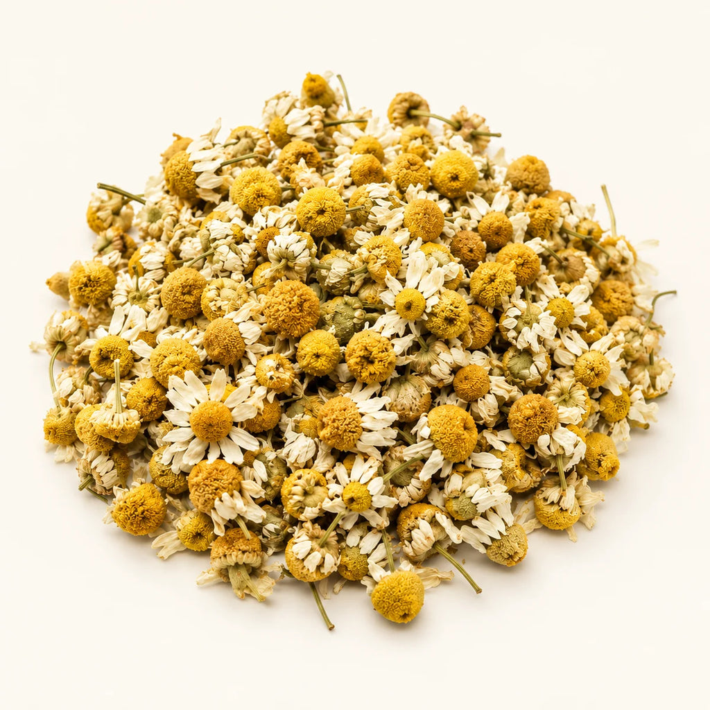 Dried Chamomile Flowers — 50g on a warm ivory studio background