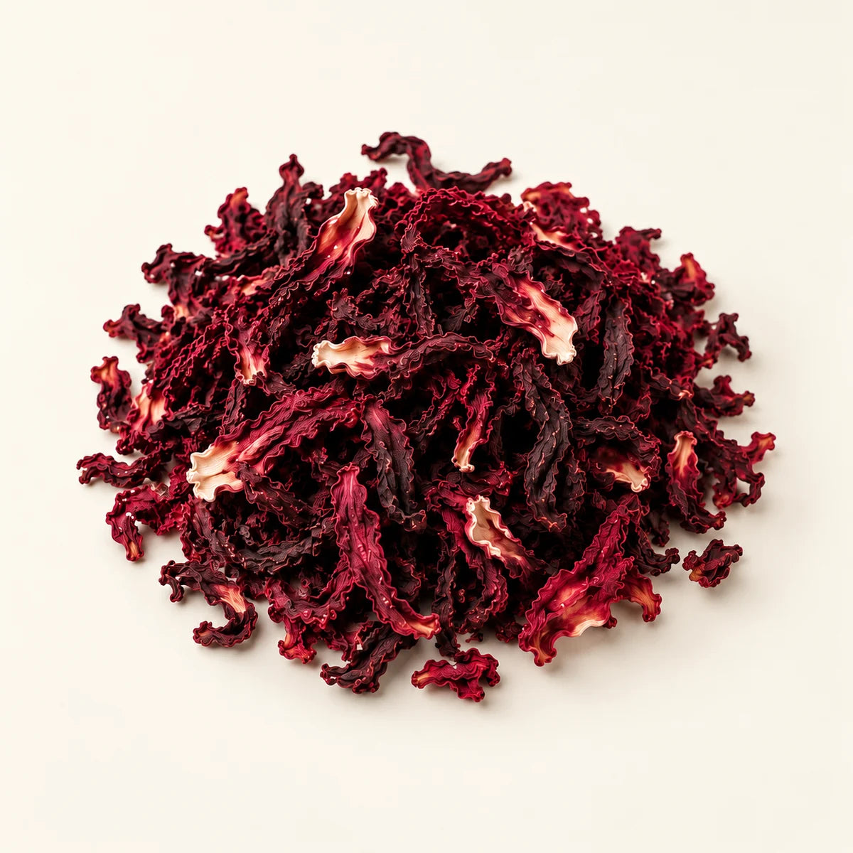 Dried Hibiscus Flowers — 50g on a warm ivory studio background