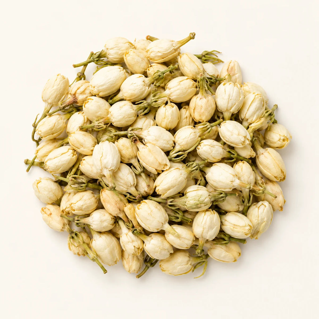 Dried Jasmine Flowers — 50g on a warm ivory studio background