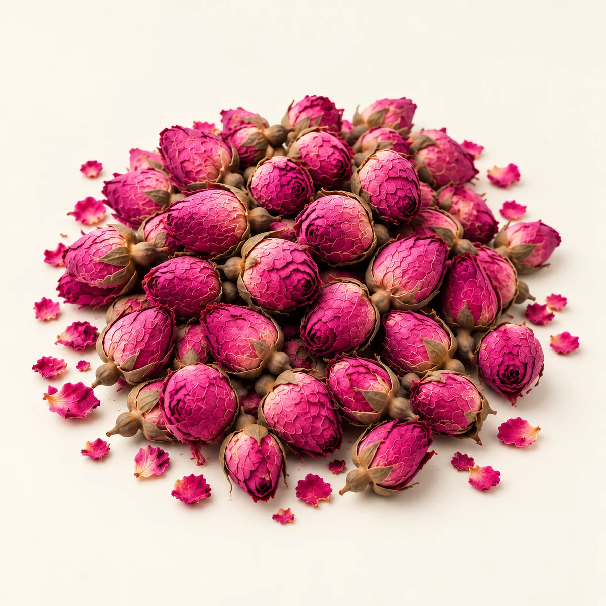 Dried Rose Buds — 50g on a warm ivory studio background