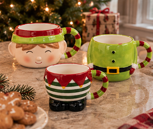 Winter Tale Stacking Mugs — Three individual Elf ceramic mugs