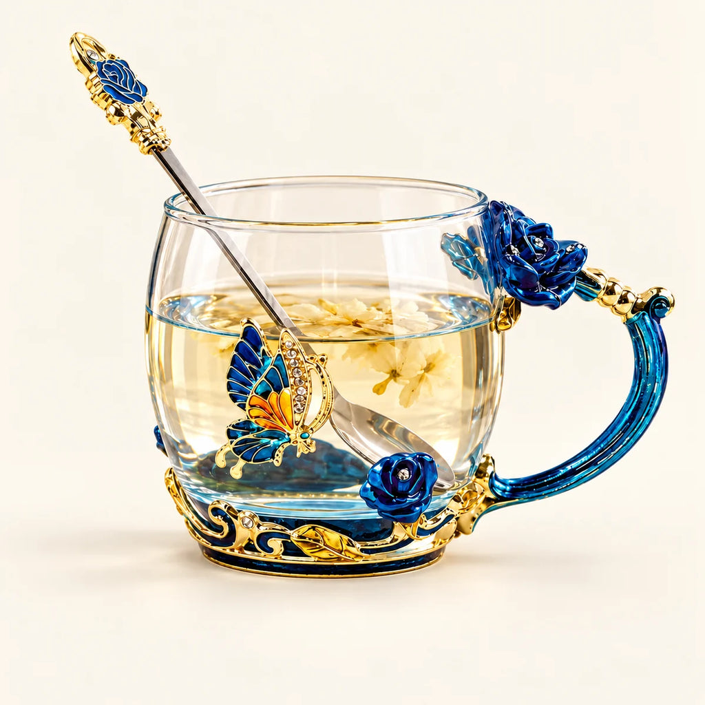 Floral Glass Tea Cups on a warm ivory studio background