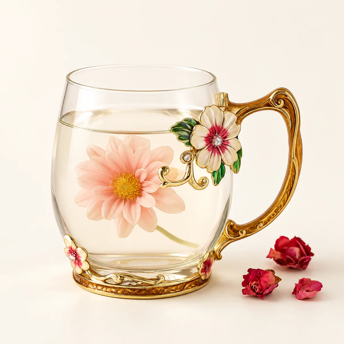 Floral Glass Tea Mug on a warm ivory studio background