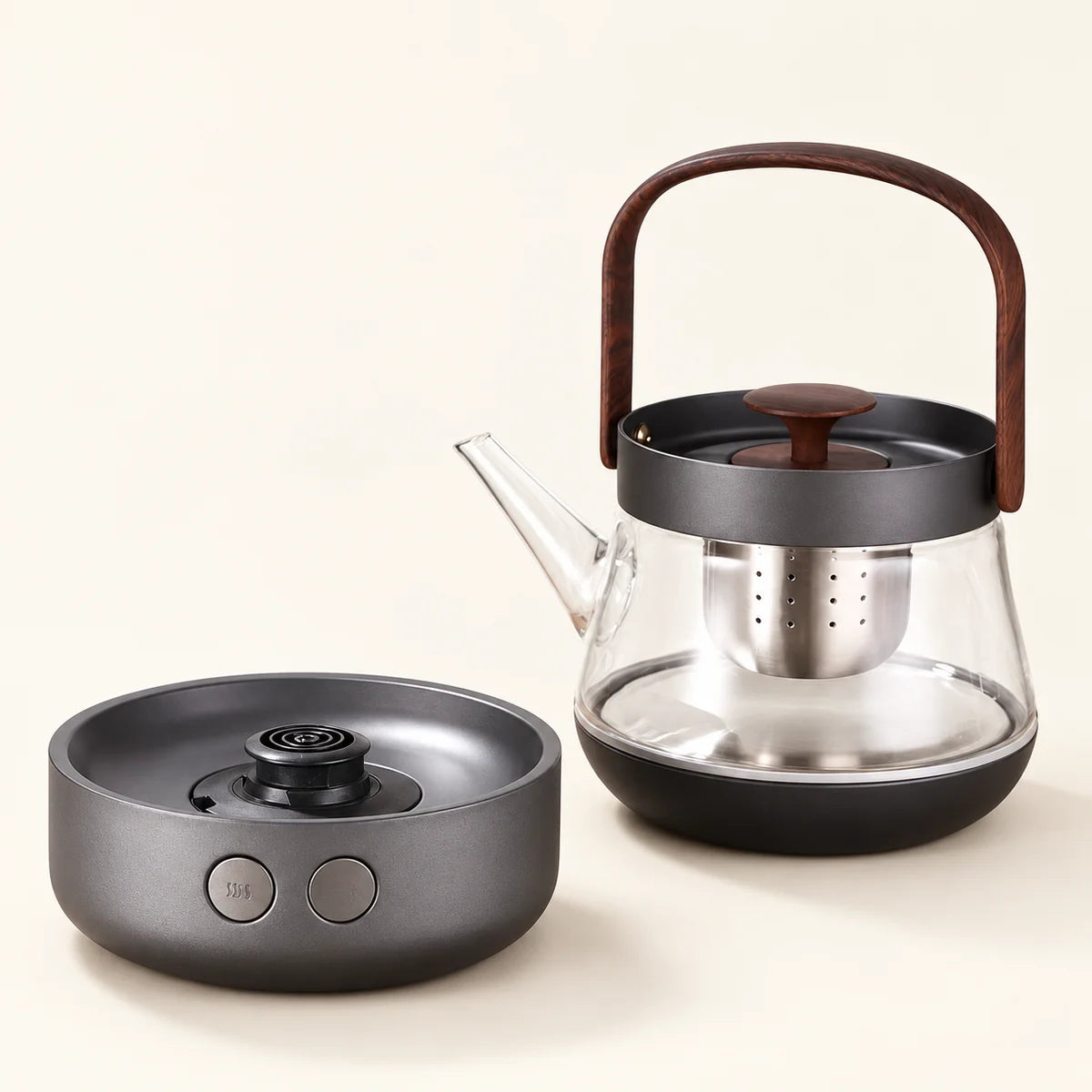 Glass Tea Kettle & Electric Stove — 220V on a warm ivory studio background