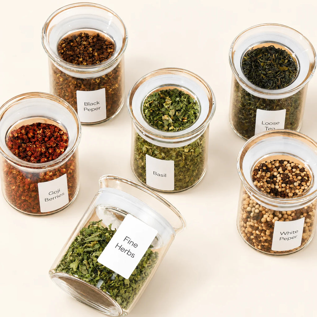 Glass Tea Storage Jars with Sealed Lids on a warm ivory studio background