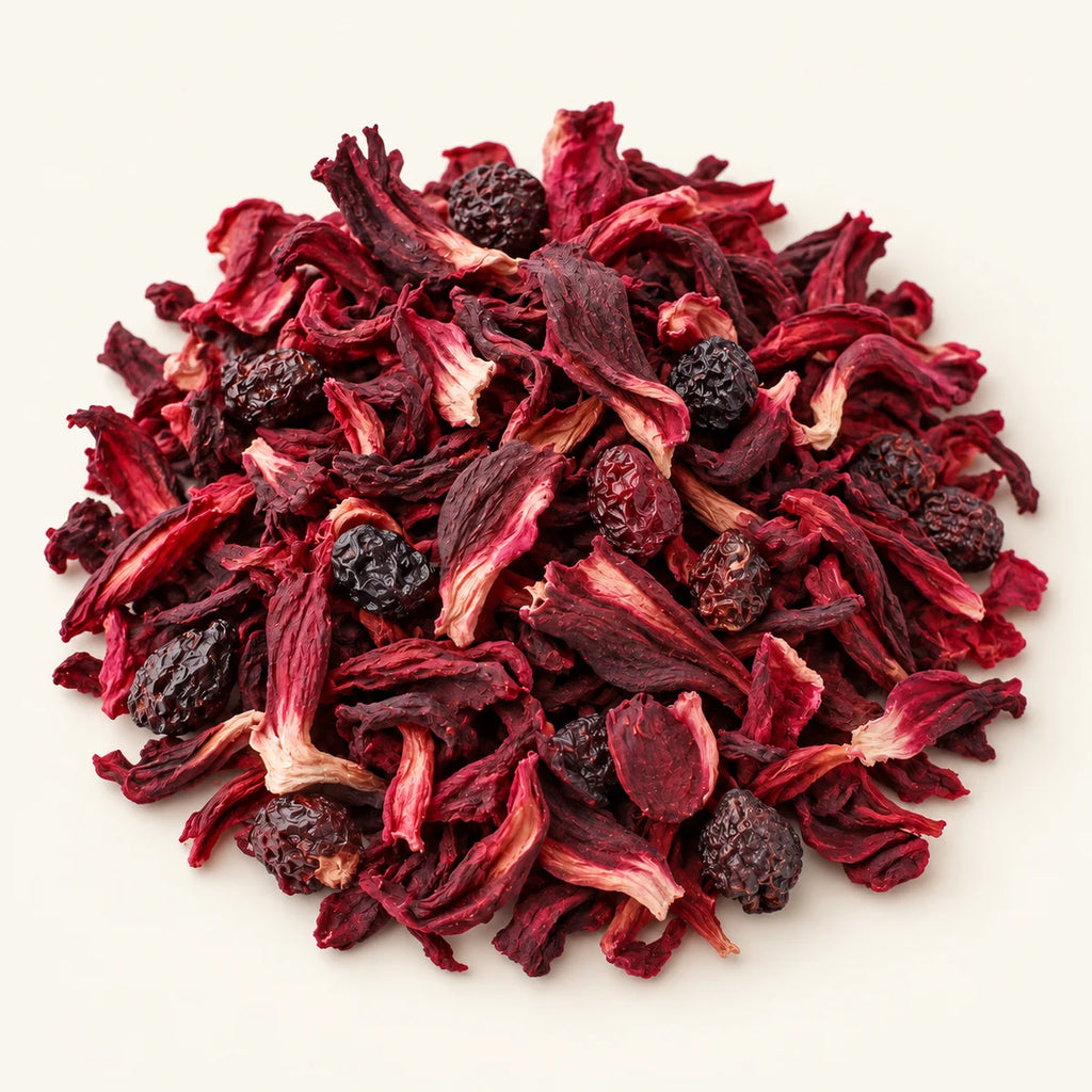 Hibiscus Berry Herbal Tea — 3 oz on a warm ivory studio background