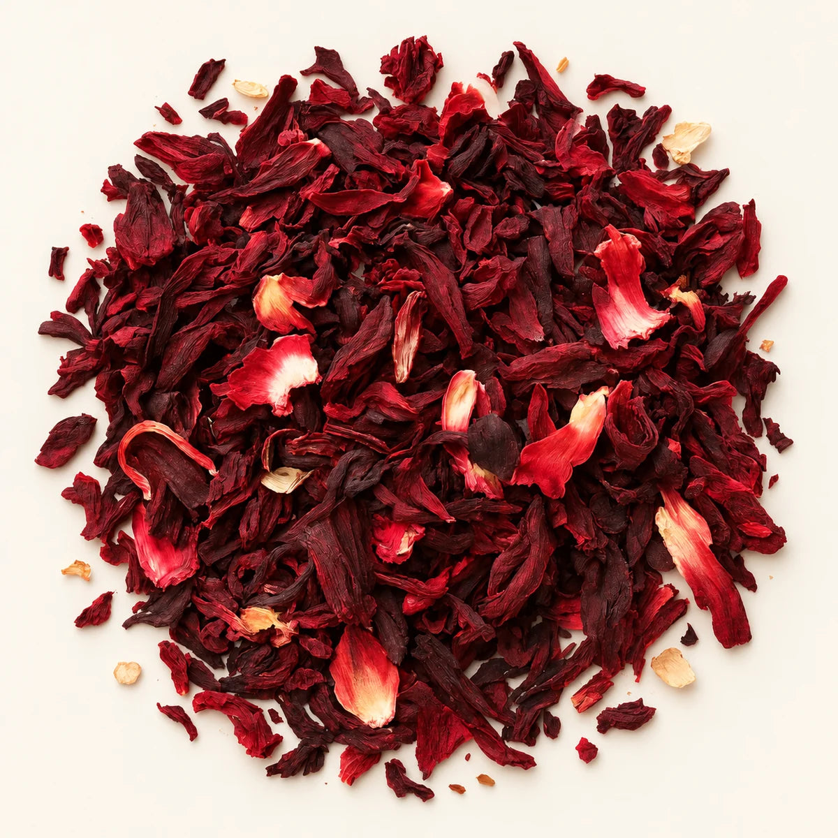 Hibiscus Flower Tea — 30g on a warm ivory studio background