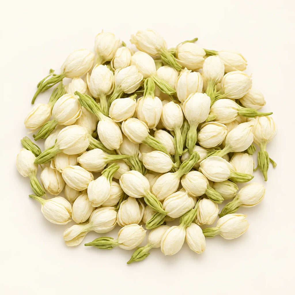 Jasmine Flower Tea — 20g on a warm ivory studio background