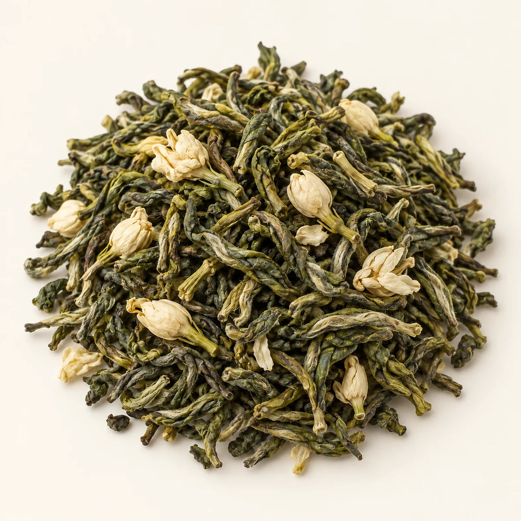 Jasmine Green Tea — 3 oz on a warm ivory studio background