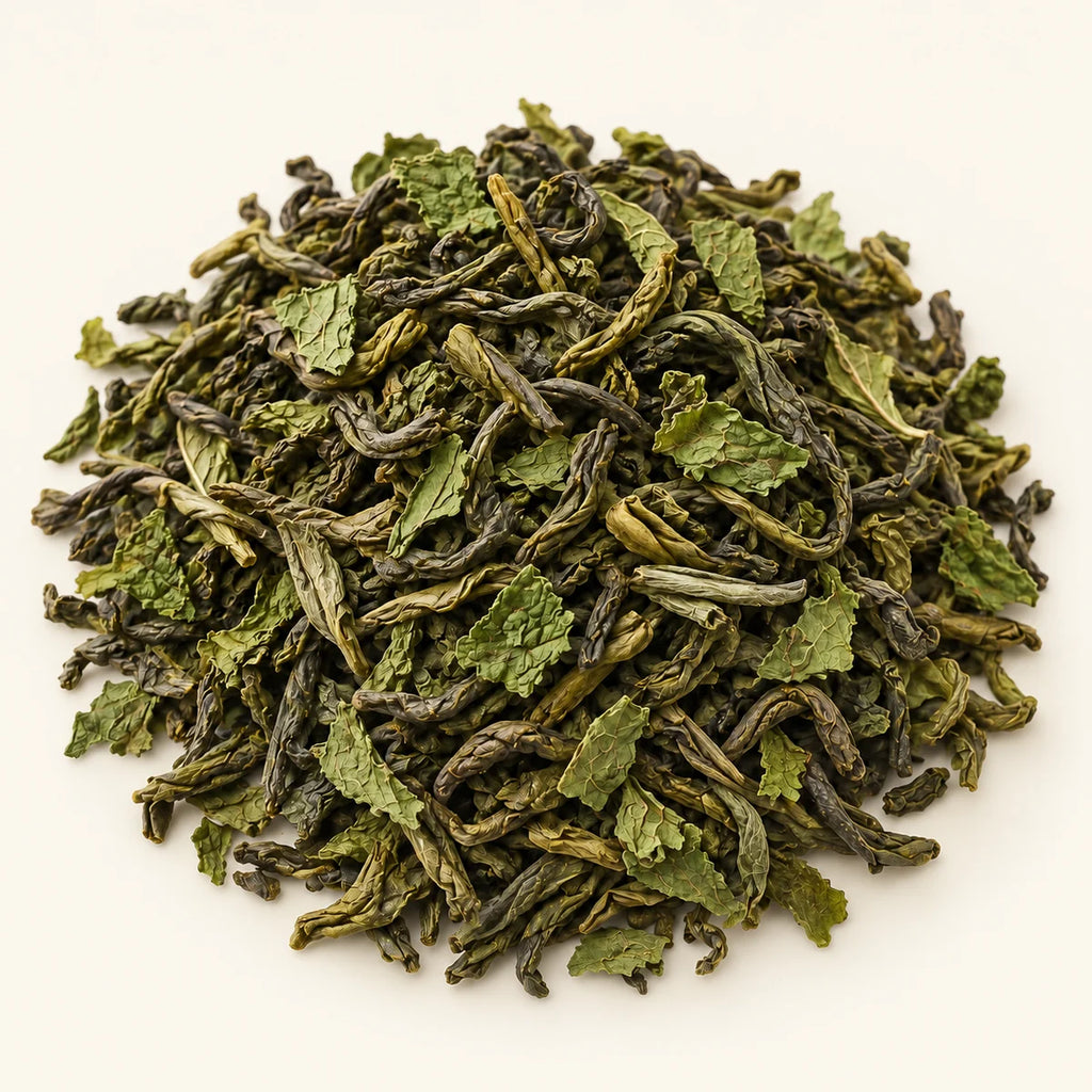 Moroccan Mint Green Tea — 3 oz on a warm ivory studio background