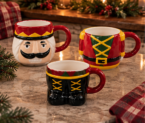 Winter Tale Stacking Mugs — Three individual Nutcracker ceramic mugs