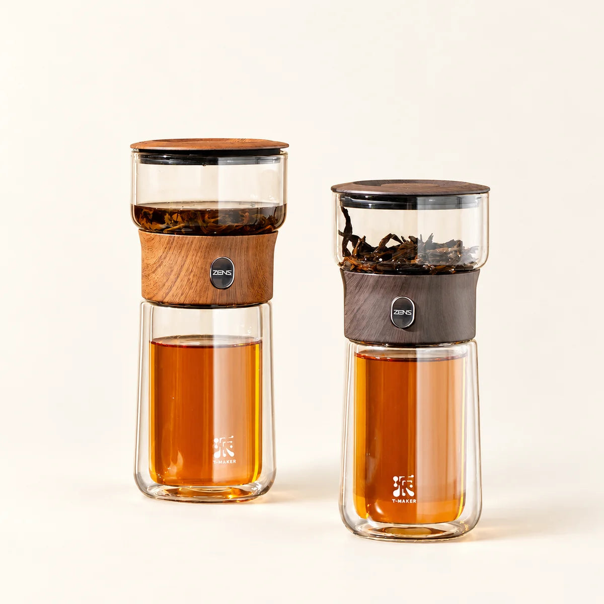 One-Touch Glass Tea Infuser Bottle on a warm ivory studio background