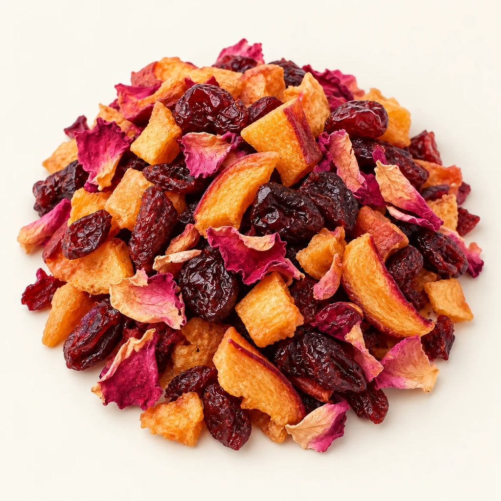 Peach Cranberry Herbal Tea — 3 oz on a warm ivory studio background