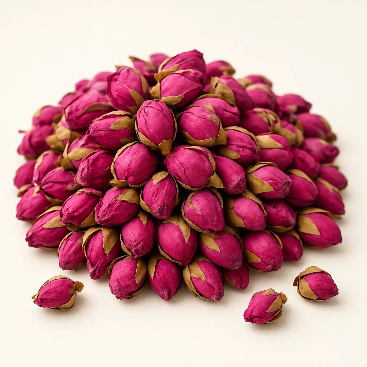 Rose Bud Tea — 50g on a warm ivory studio background