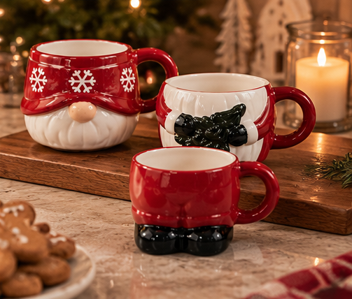 Winter Tale Stacking Mugs — Three individual Santa ceramic mugs