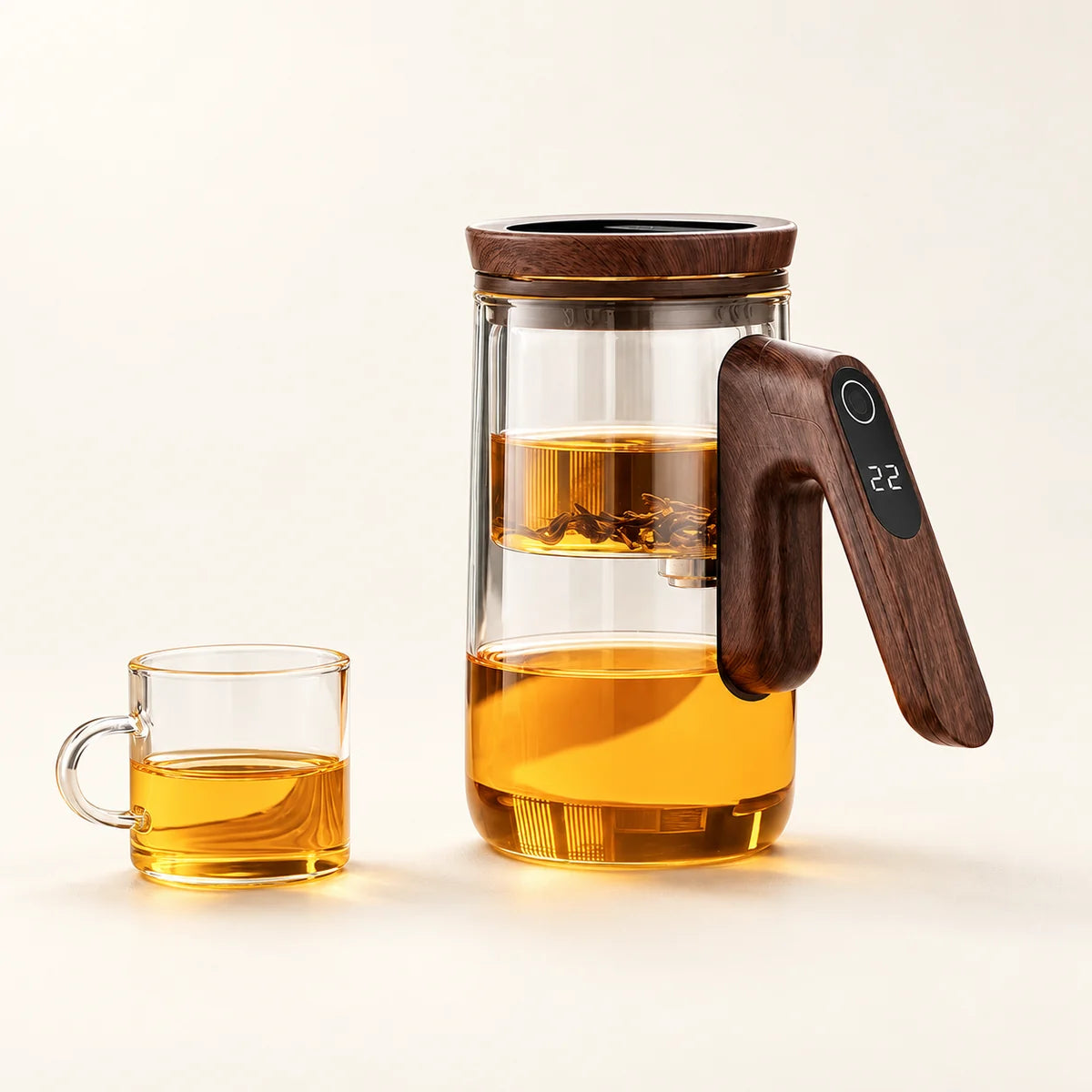 Semi-Automatic Glass Tea Brewing Set on a warm ivory studio background