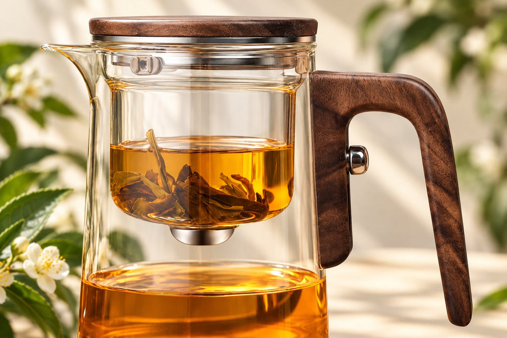 Lunel Glass Teapot — walnut handle and glass infuser detail